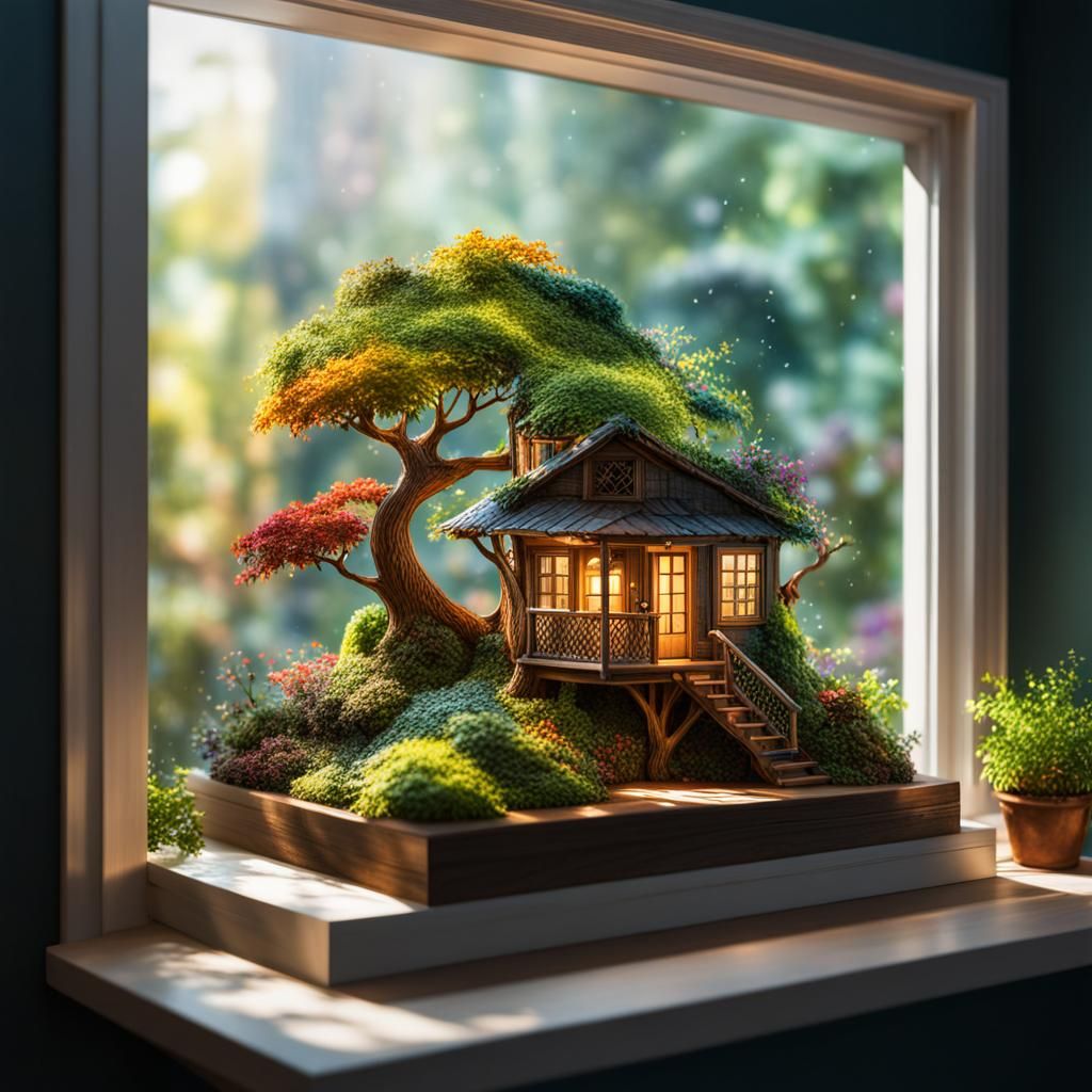 Miniature Treehouse Garden on Window Shelf: Hyperrealistic A...