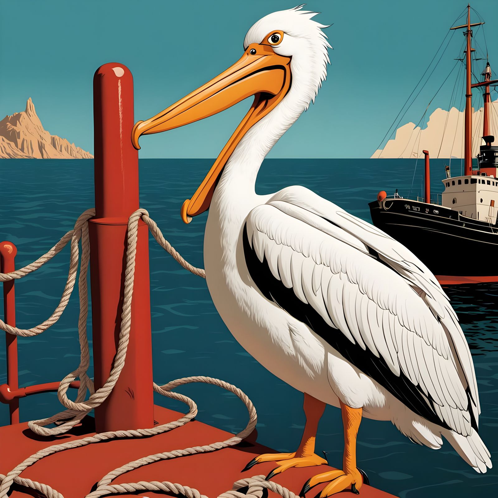 Ligne Claire (Tintin Style) A clean-lined, cartoonish pelican with minimal shading, standing by a dockside rope coil.