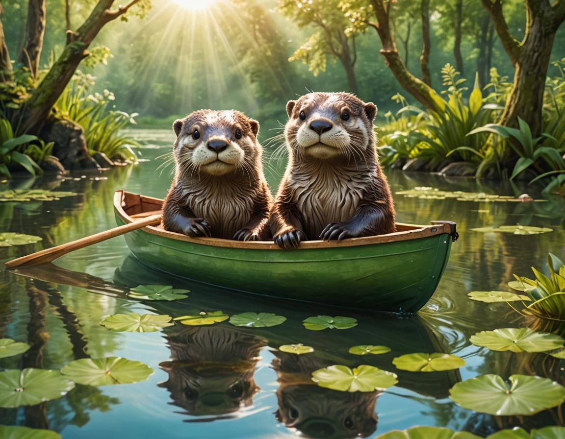 Cute Otter Couple Sailing on a Pond