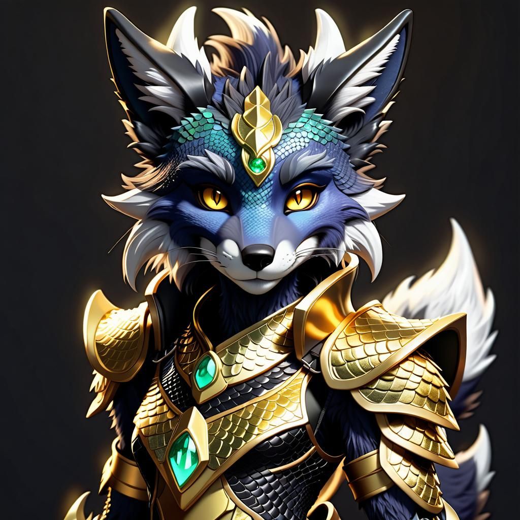 Black Fox Anthro with Dragon Scales in Anime Style