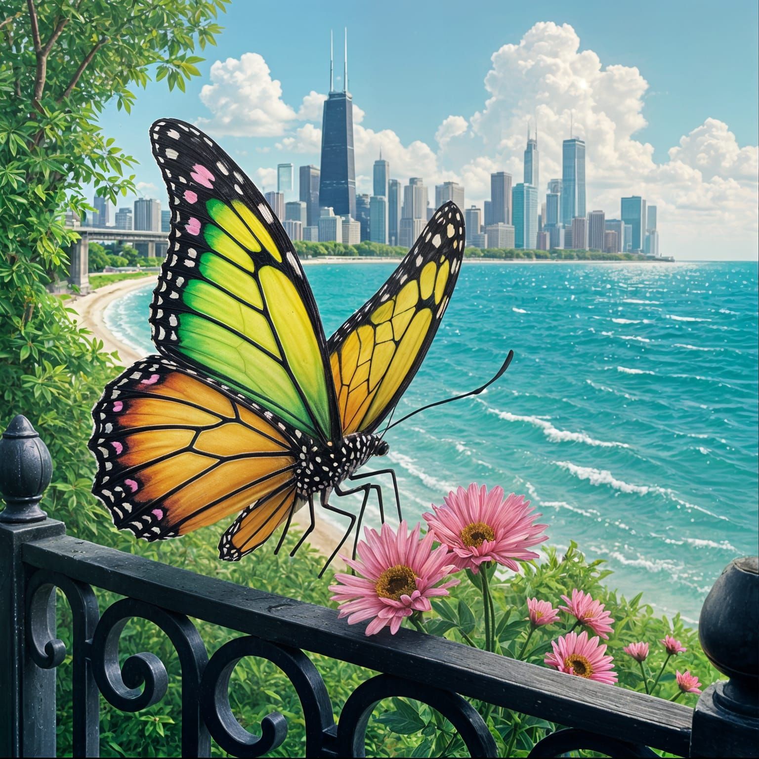 Vibrant Butterfly Soars Above Chicago Cityscape