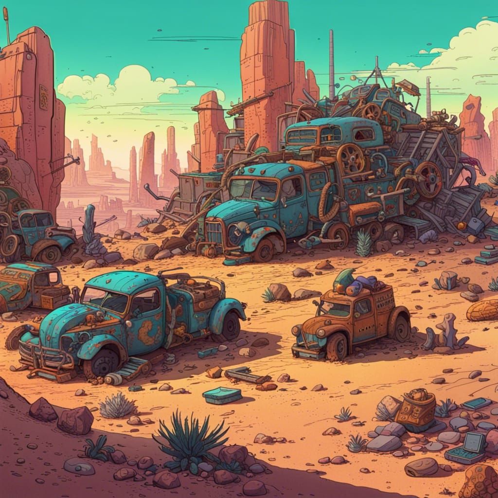Desert Junkyard Landscape in Moebius Style