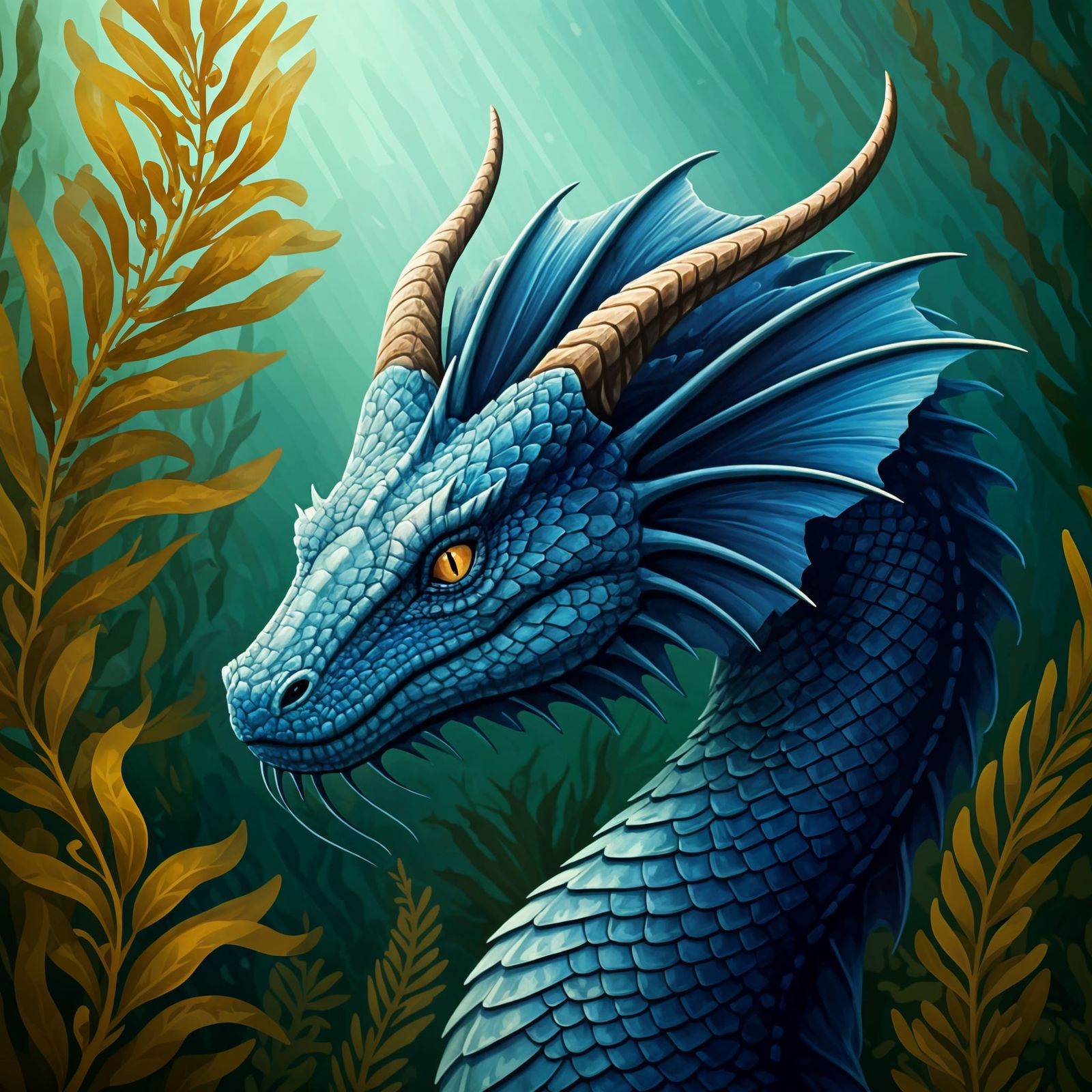 Majestic Asian Azure Horned Serpent in Kelp Forest