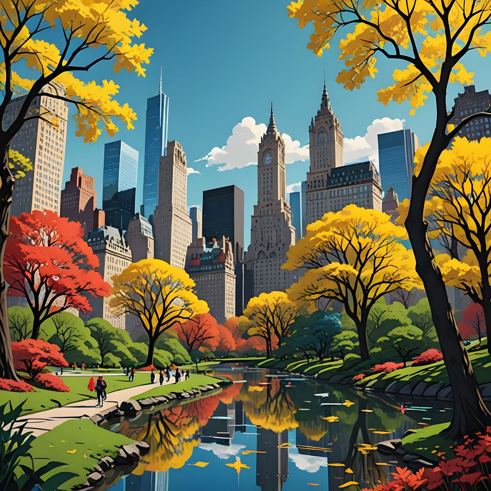 Vibrant Central Park in Springtime Comic Book Art