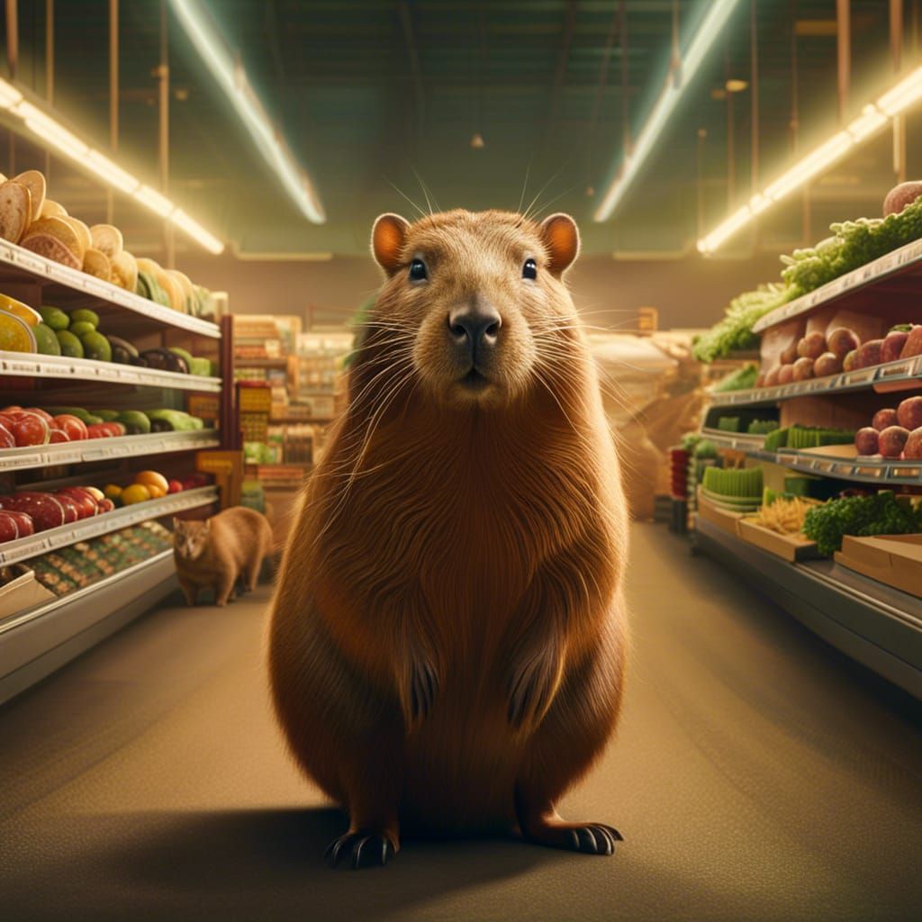 Capybara Shopping for a Cat: Epic Digital Painting