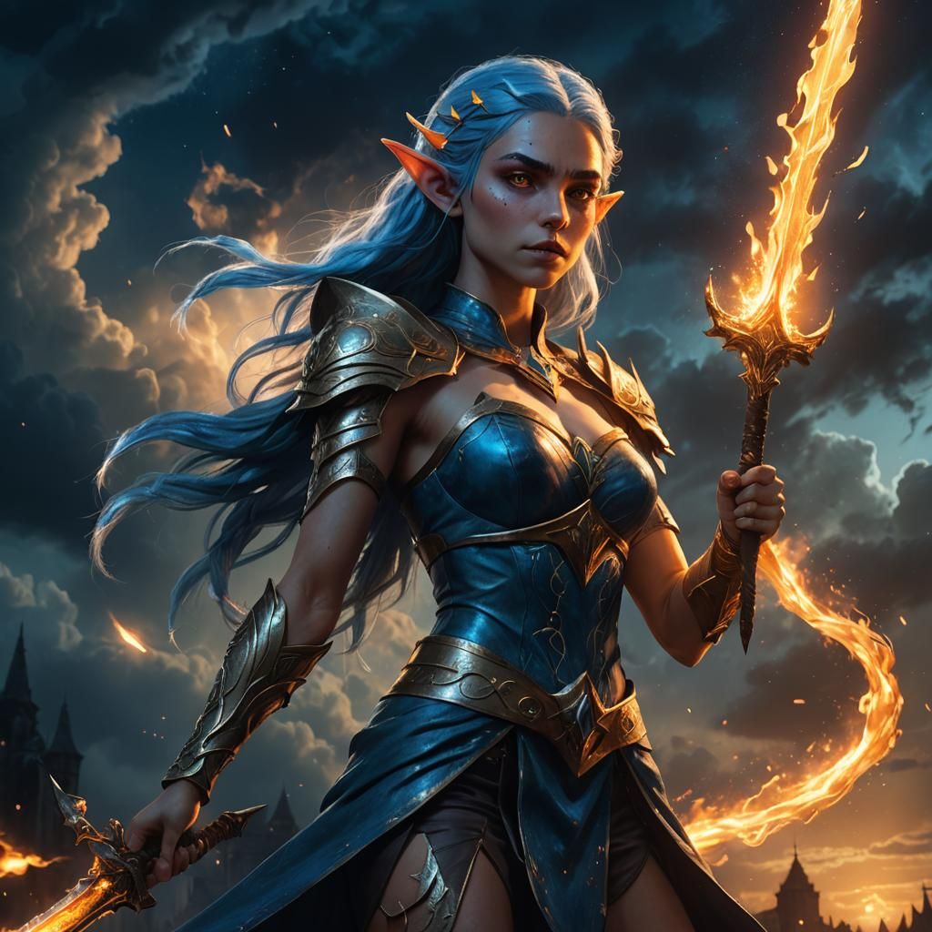 Goddess Elf with Fire Blade in Dark Fantasy Style