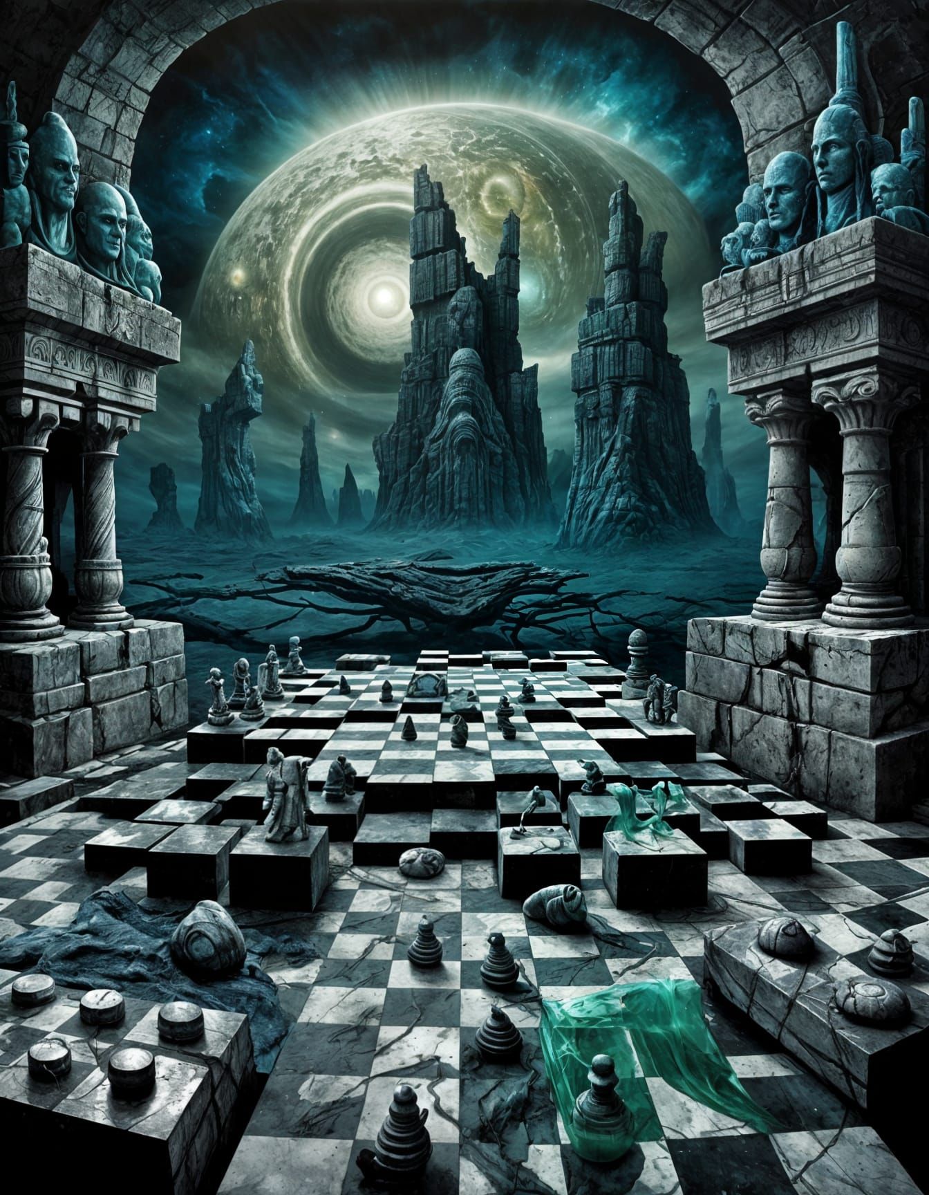Surreal Chessboard Over Abyss in Dark Surrealism Style