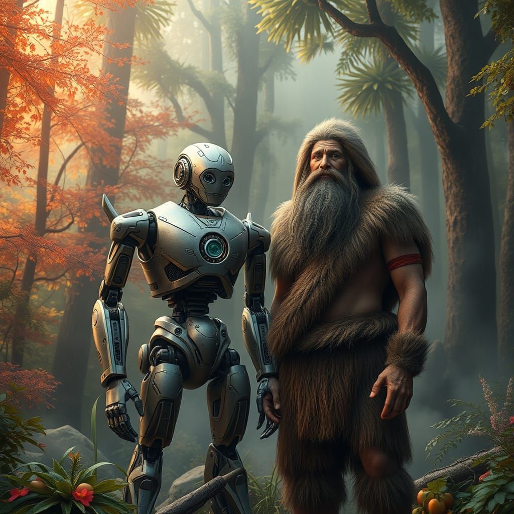 Robot and Caveman in Lush Forest