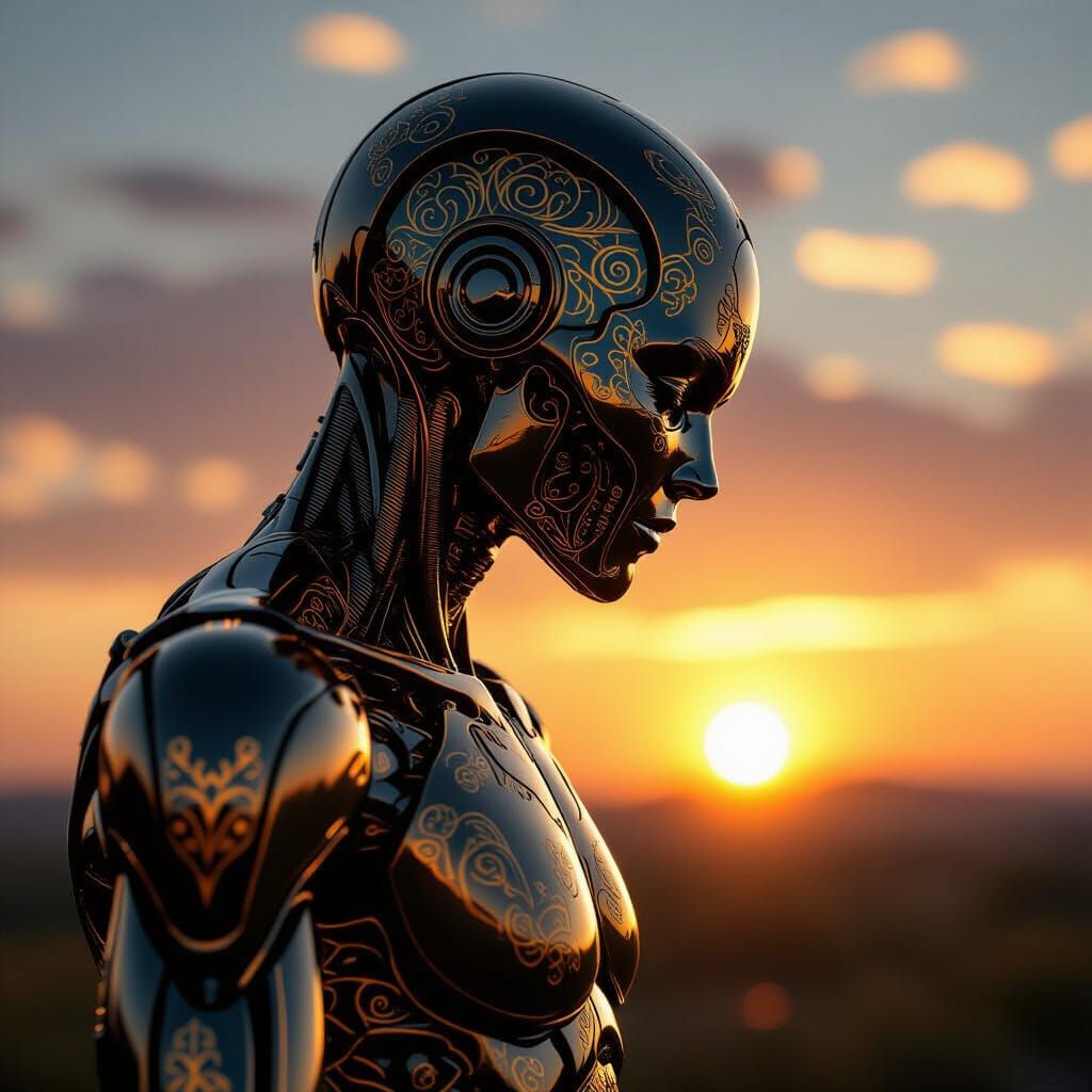 Humanoid Figure with Golden Filigree Armor at Sunset