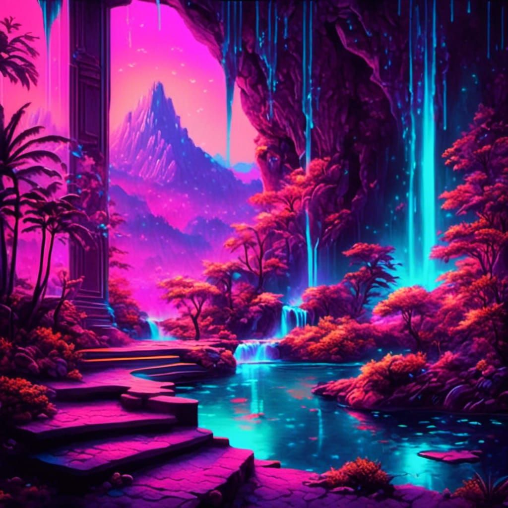 Synthwave Living Room with Waterfalls and Fireplace