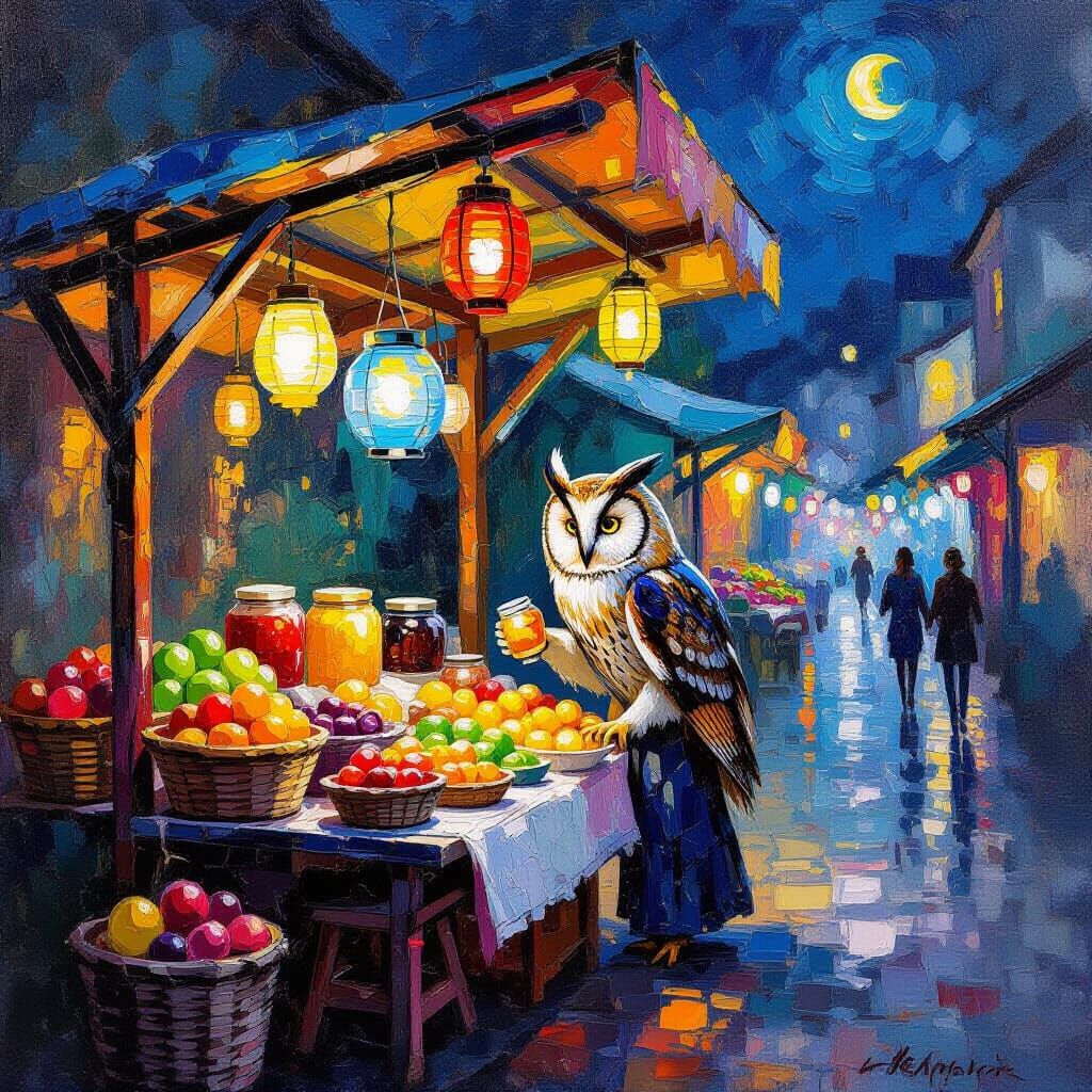 Moonlit Owl's Honey Stall: Neo-Impressionist Painting