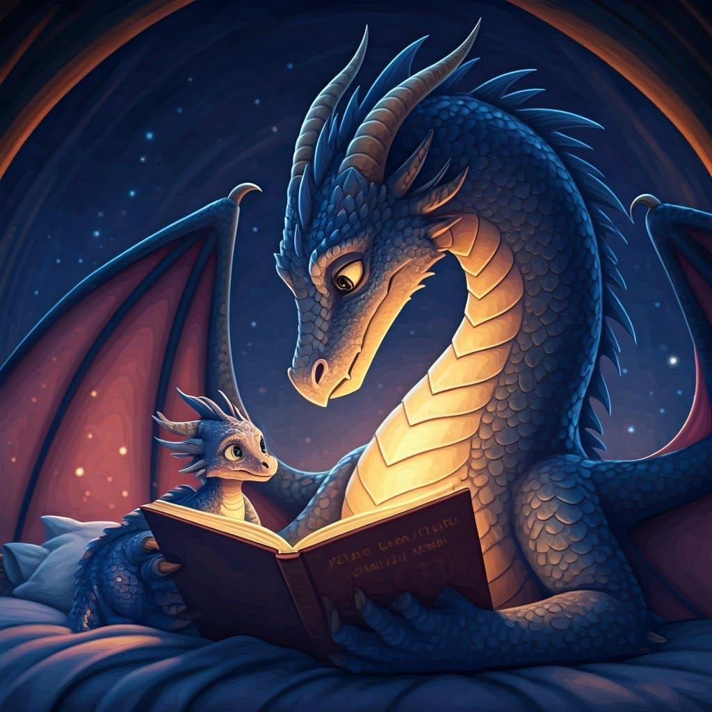 Mother Dragon Reads Bedtime Story to Tiny Daughter in Whimsi...
