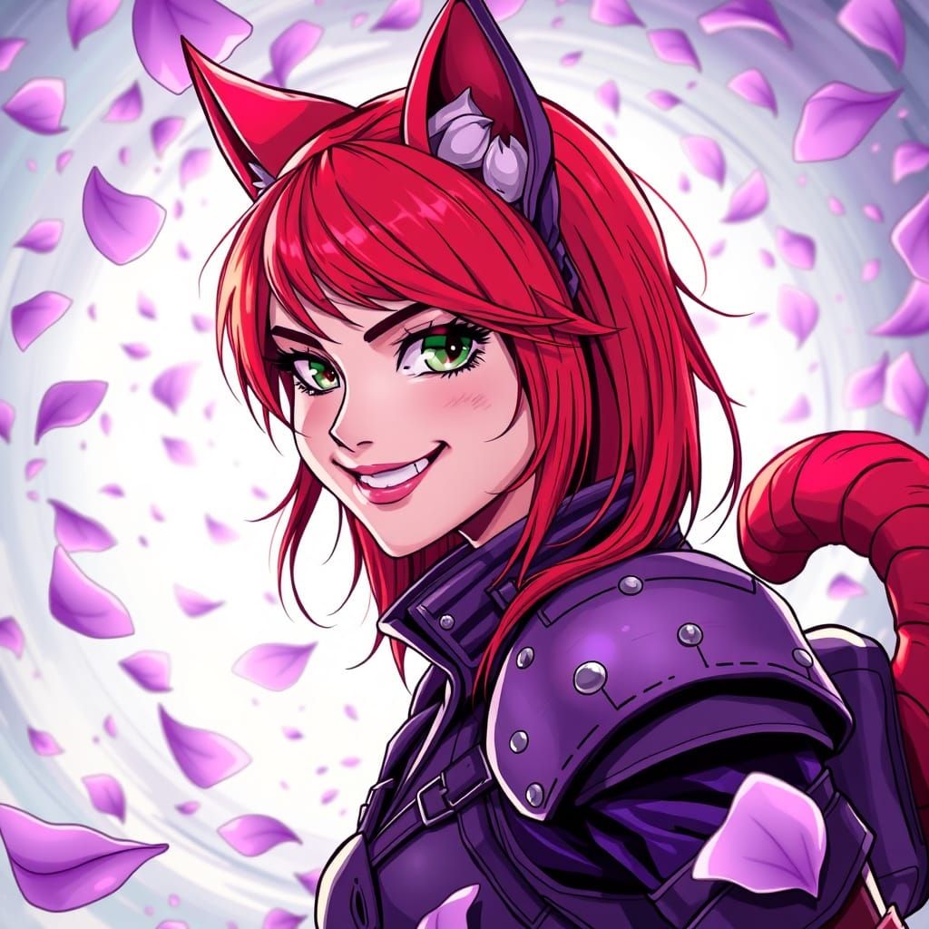 Anime Woman with Cat Ears in Petal Swirl