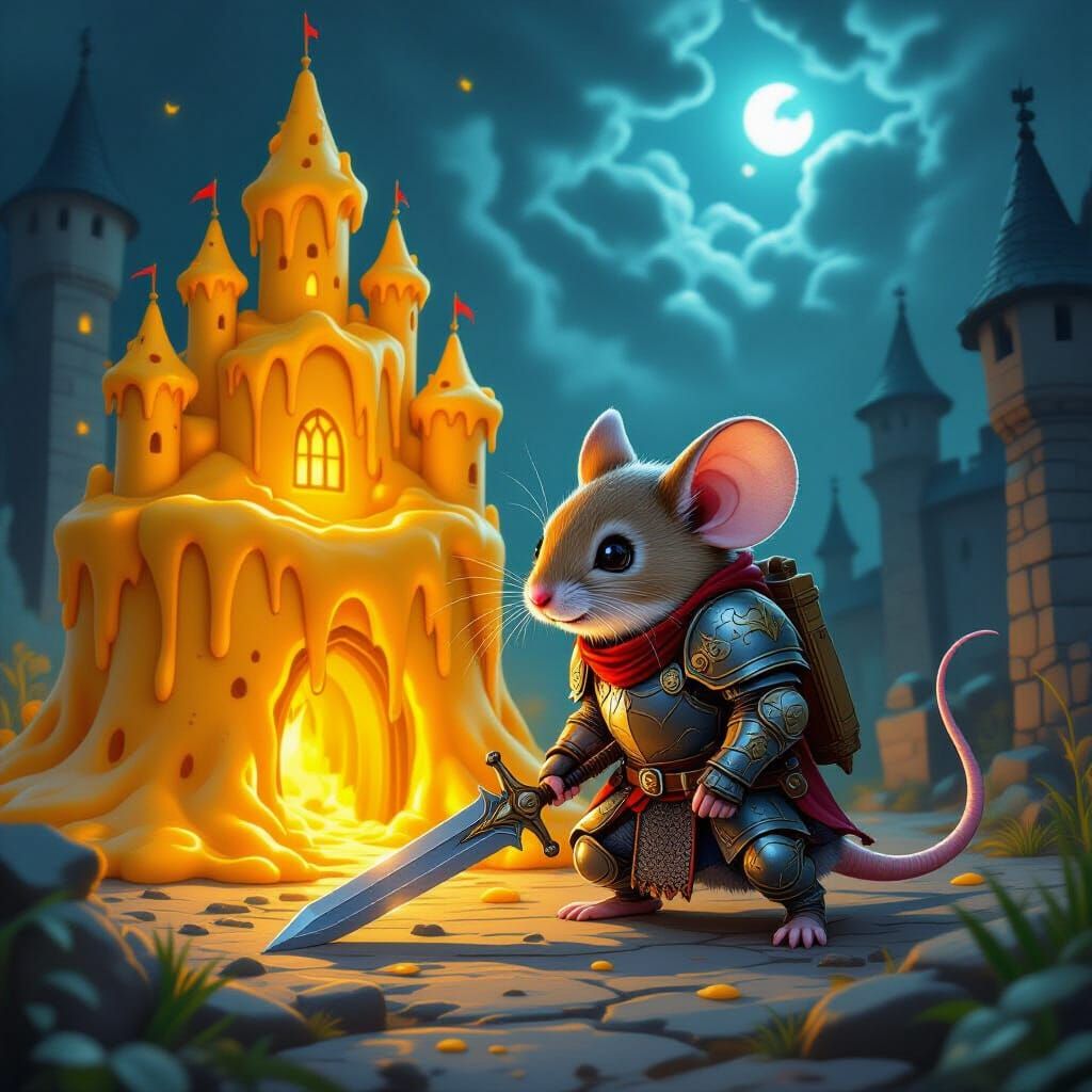 Armored Pizza Mouse near Cheese Castle in Fantasy Style