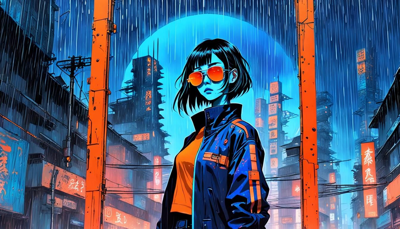 Cyberpunk Girl in Neon Rain, Junji Ito Style