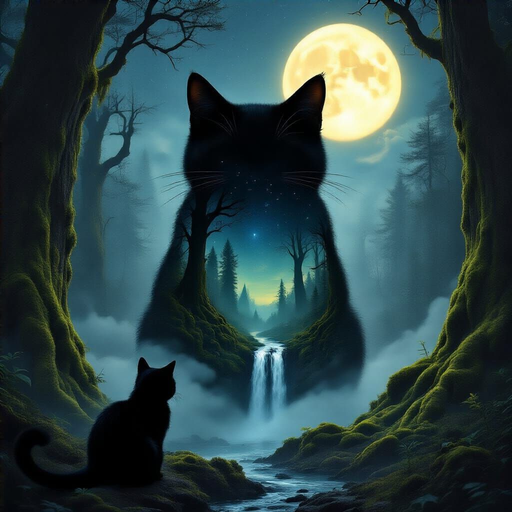 Black Cat Merges with Mystical Forest in Surreal Double Expo...