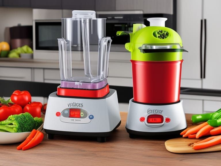 Creepy cartoon kitchen blender with huge fangs devouring scared vegetables