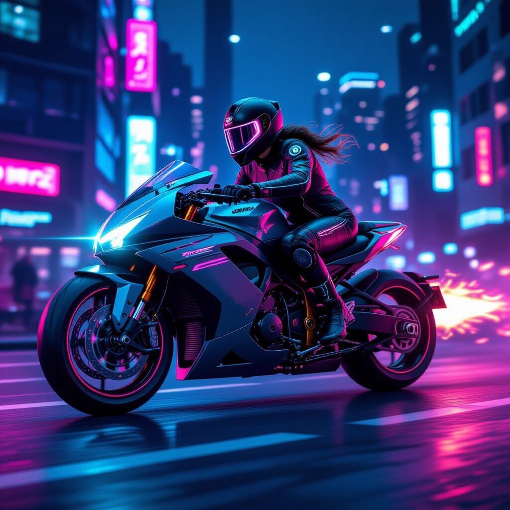 Cyberpunk Motorcycle Speeds Through Neon Cityscape
