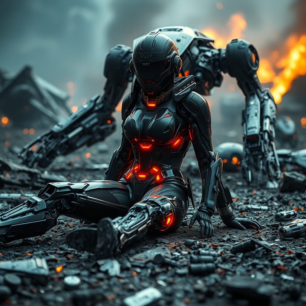 Cyberpunk Warrior Defeated on a Futuristic Battlefield