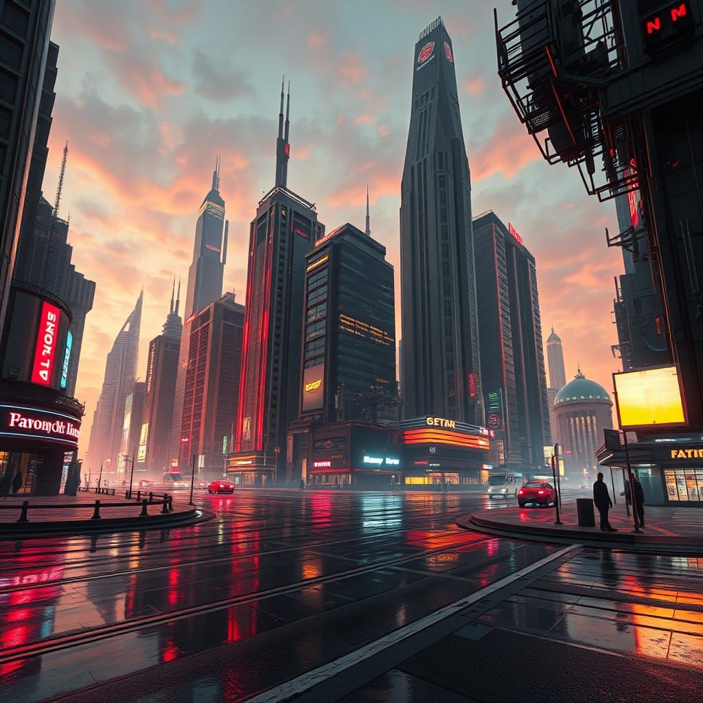 Futuristic Cityscape at Dusk in Sci-Fi Style