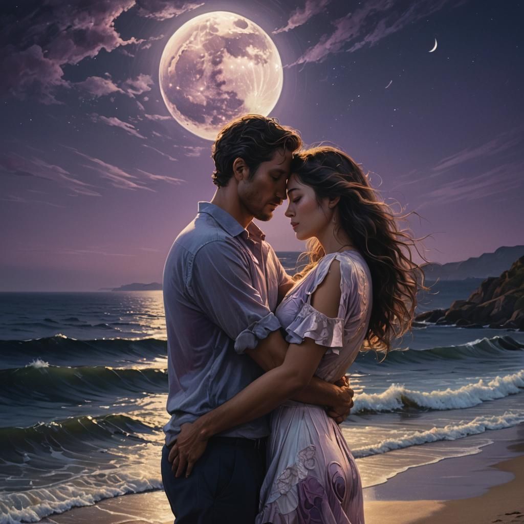 Romantic Seascape: Couple Under Moonlight in Hyperrealism