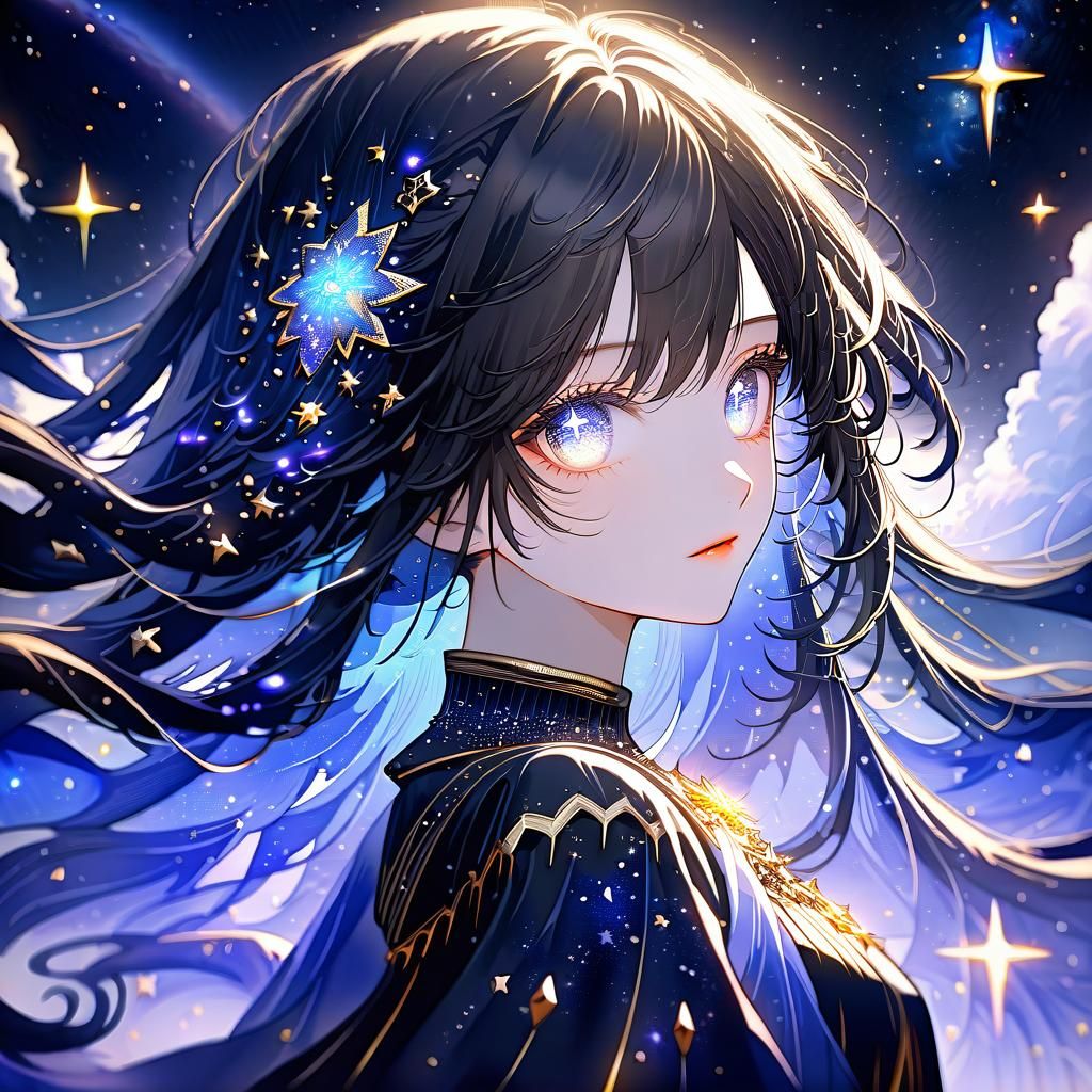 Anime Girl Portrait with Starry Eyes and Galaxy Dress