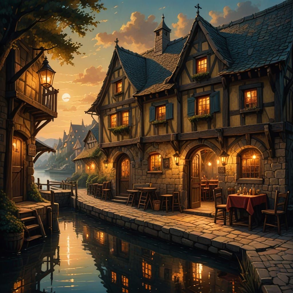 Medieval Tavern by Water at Midnight in Warm Oil Style