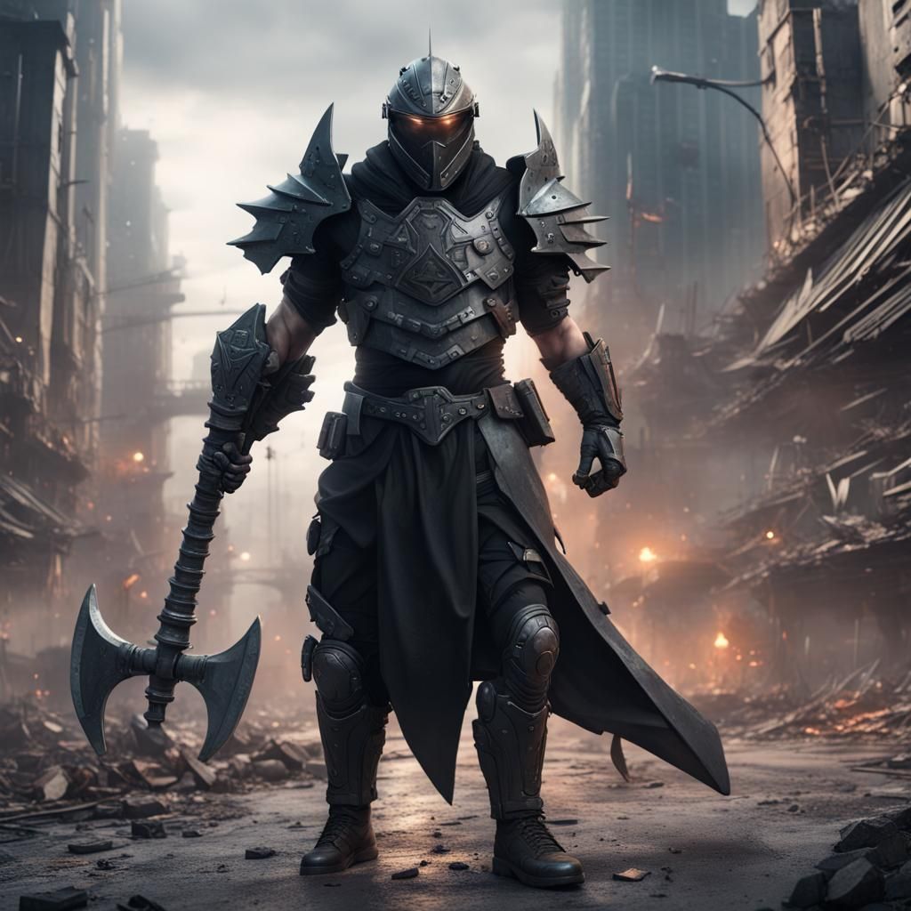 Armored Warrior in Dystopian City, Detailed Digital Art