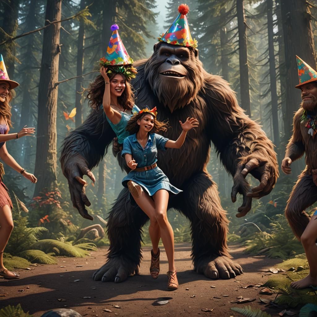 beautiful woman dancing with bigfoot, woodland creatures wearing party hats watching, realistic style.