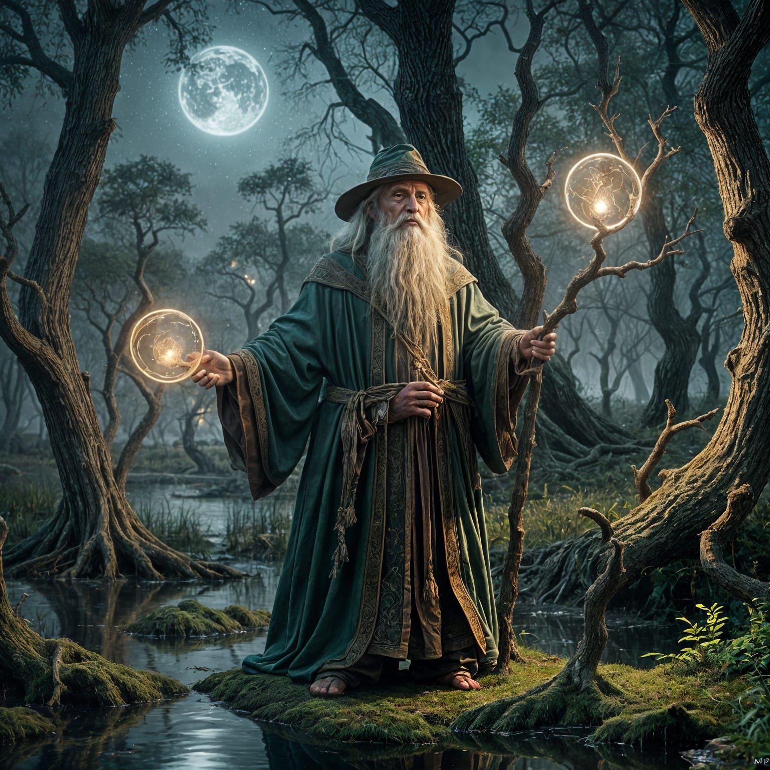 Enchanted Wizard at the Edge of a Glowing Swamp in Hyperreal...