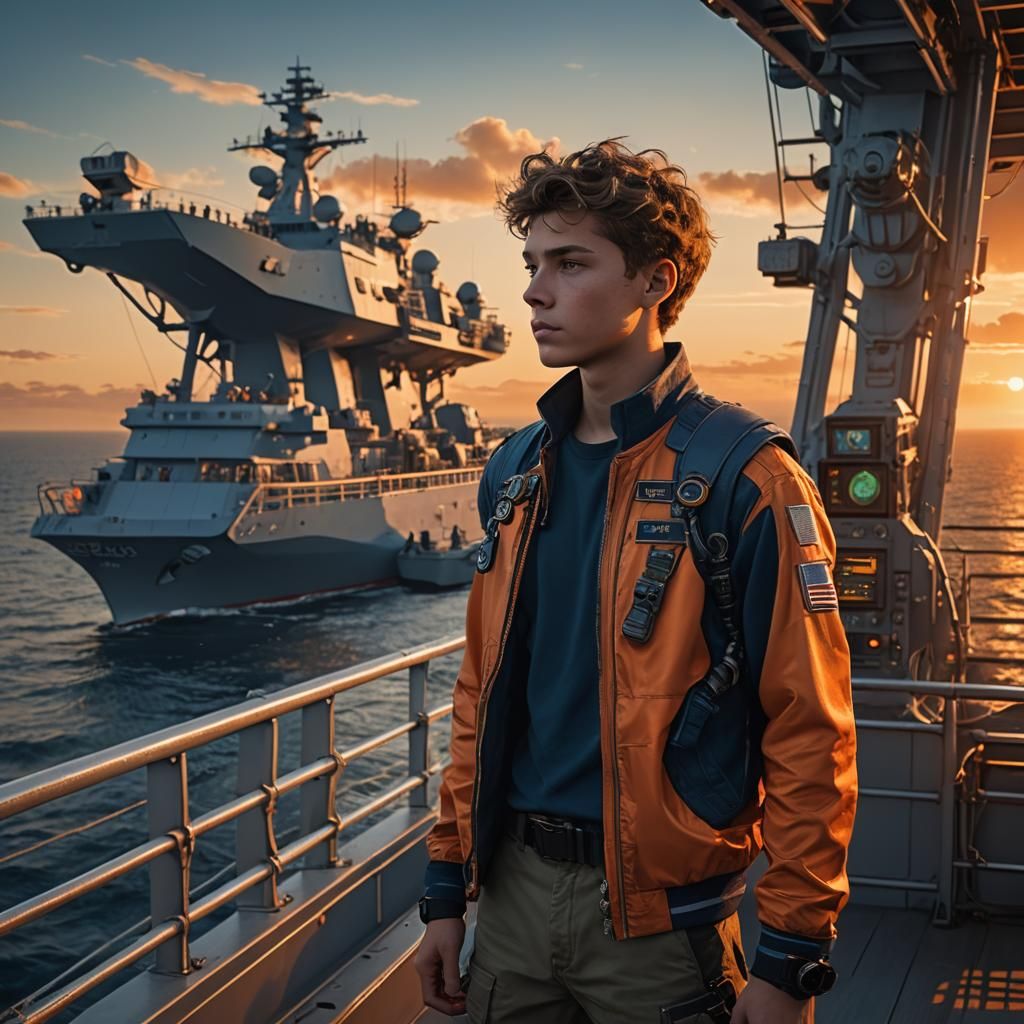 Boy on Modern Frigate at Sunset: Detailed Matte Painting
