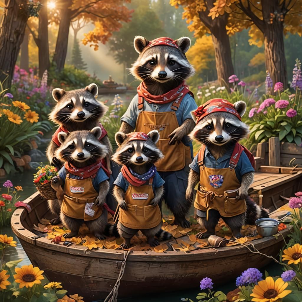 Raccoon Family Celebrates Labor Day: Fantasy Art