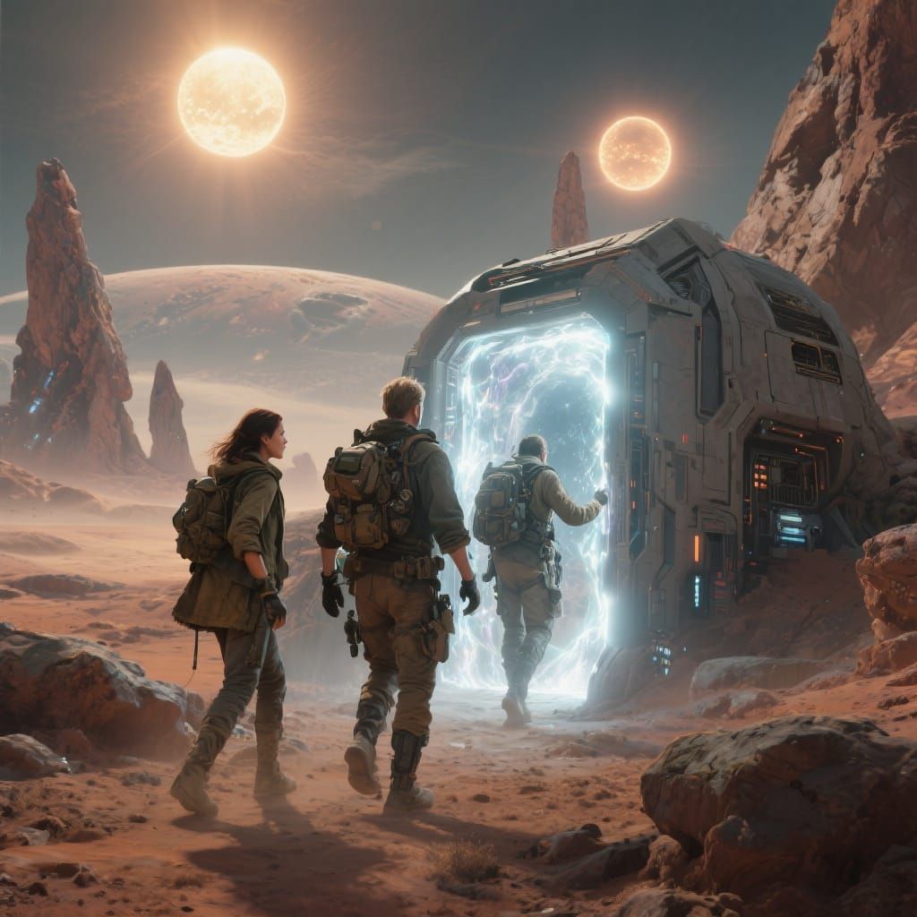 Adventurers Exit Portal to Alien World in Photorealistic Sty...