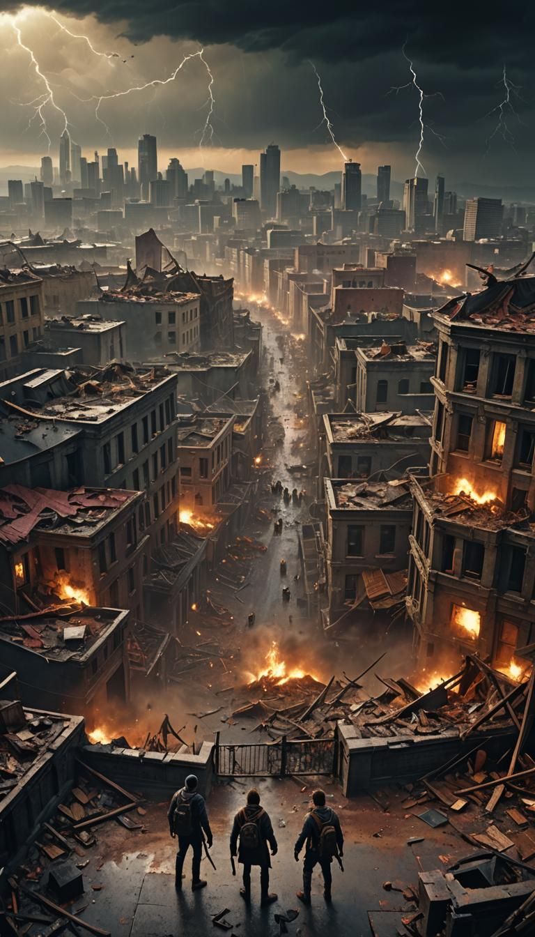 Lovers Fighting Zombies in Ruined City: Digital Matte Painti...