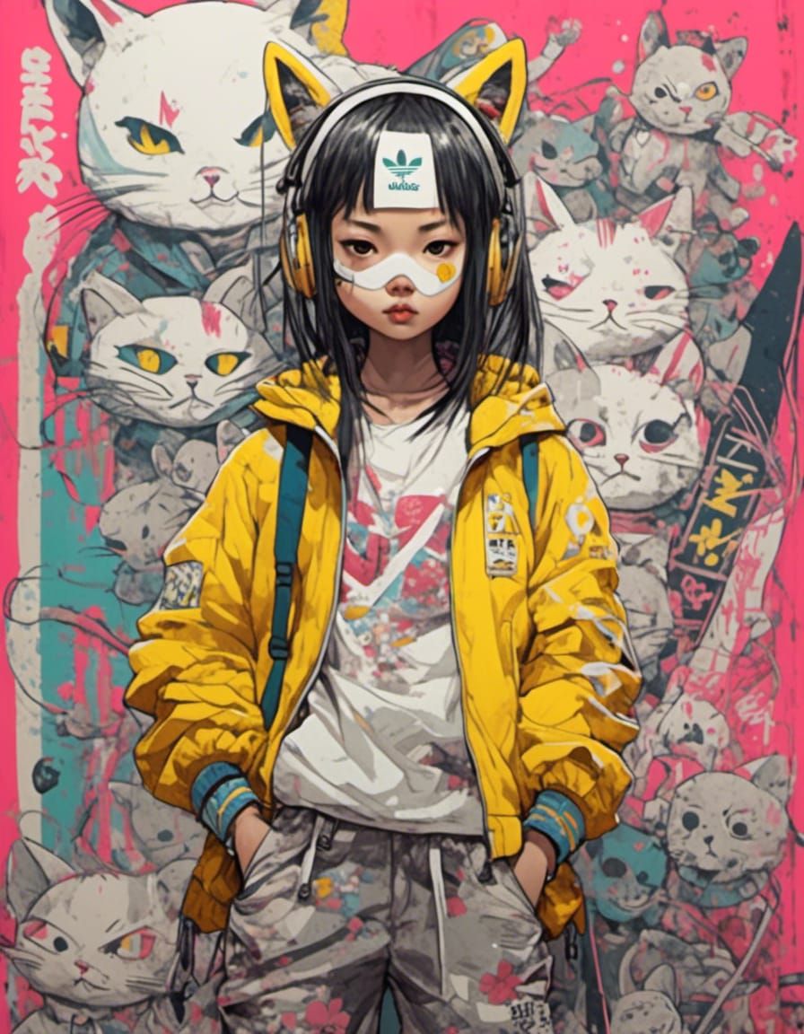 Asian Girl with Katana in Ink Street Art Style