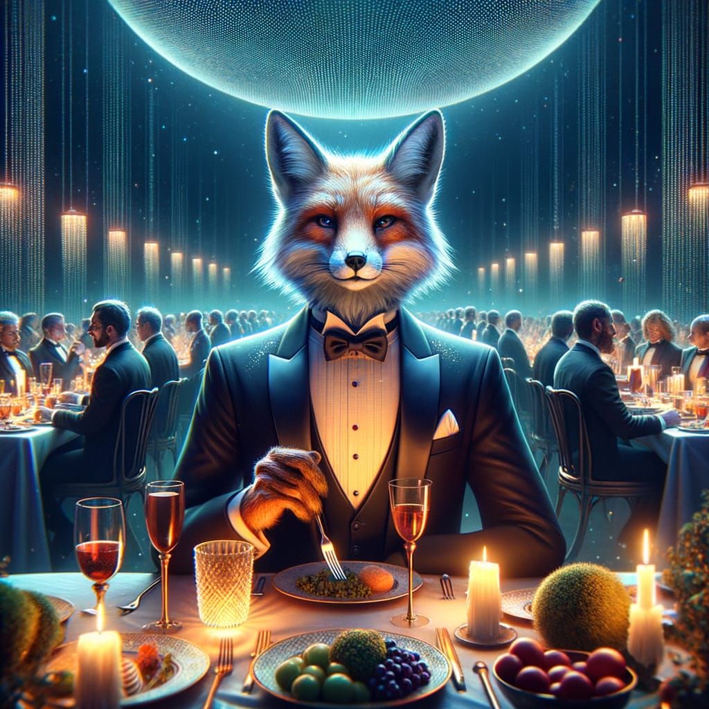 Anthropomorphic Fox in Tuxedo at Fantasy Dinner Party