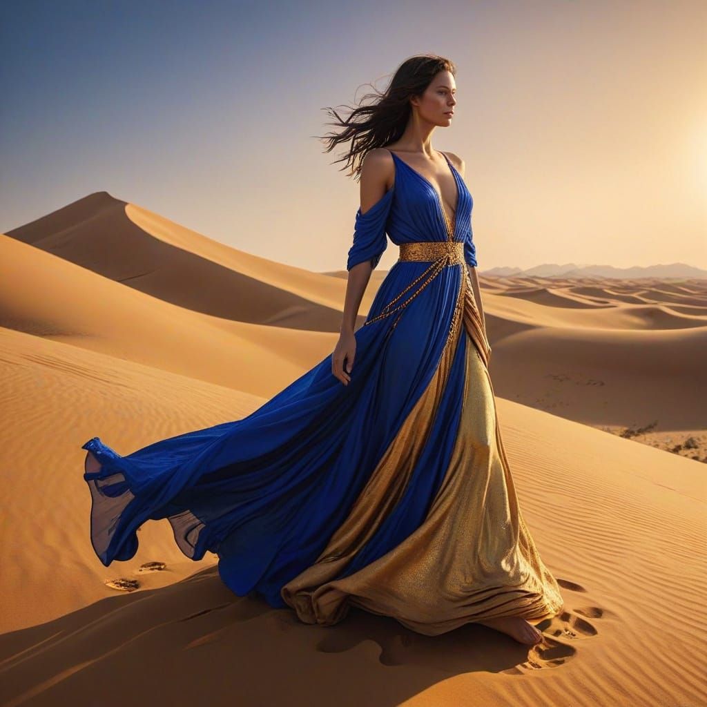 Ethereal Golden Goddess in Cobalt Blue Desert