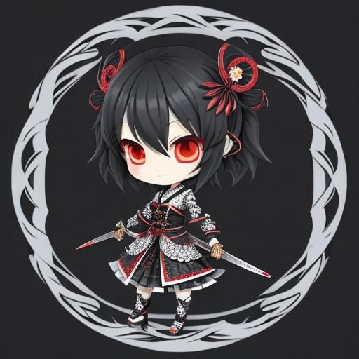Chibi Gothic Girl with Swords and Abstract Elements