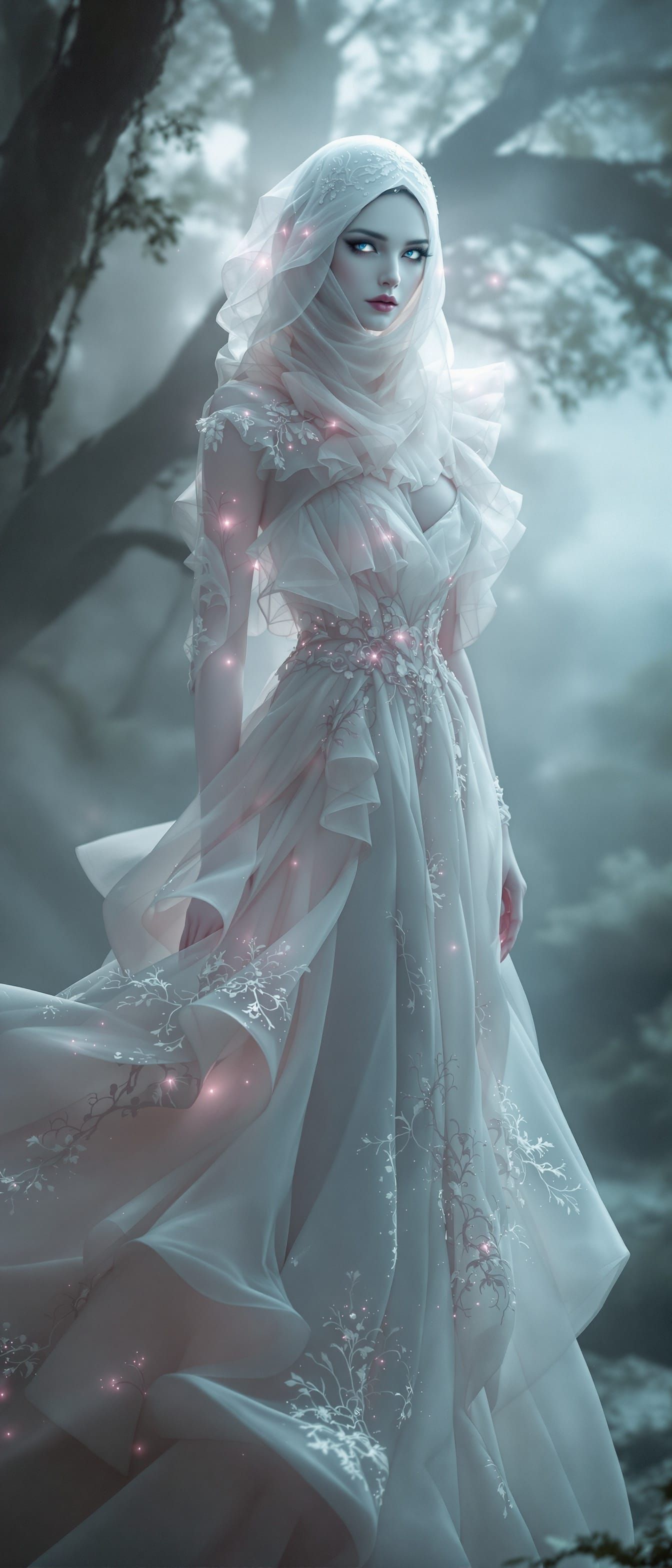 Mysterious Woman in Ethereal Mist, Digital Art Style