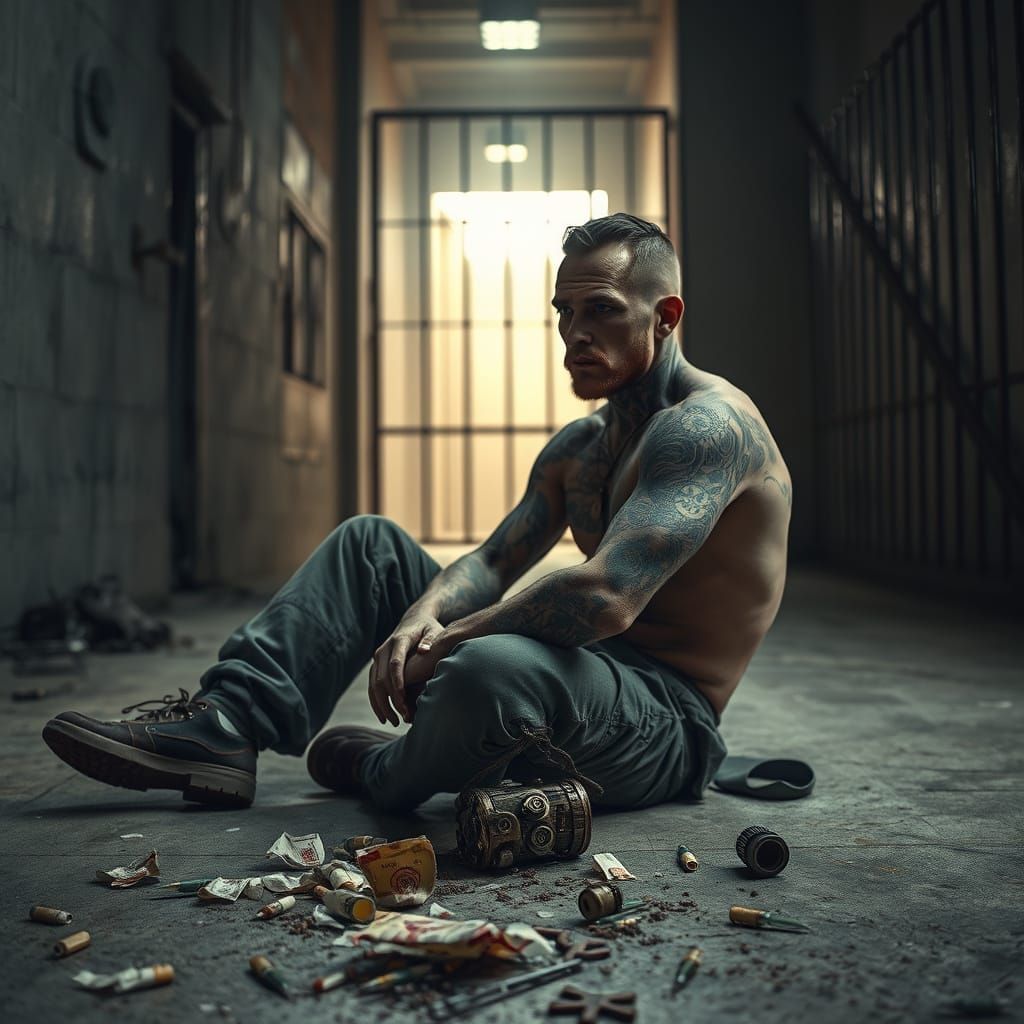 Tattooed Prisoner in Futuristic Lockdown, Contemplating Life...
