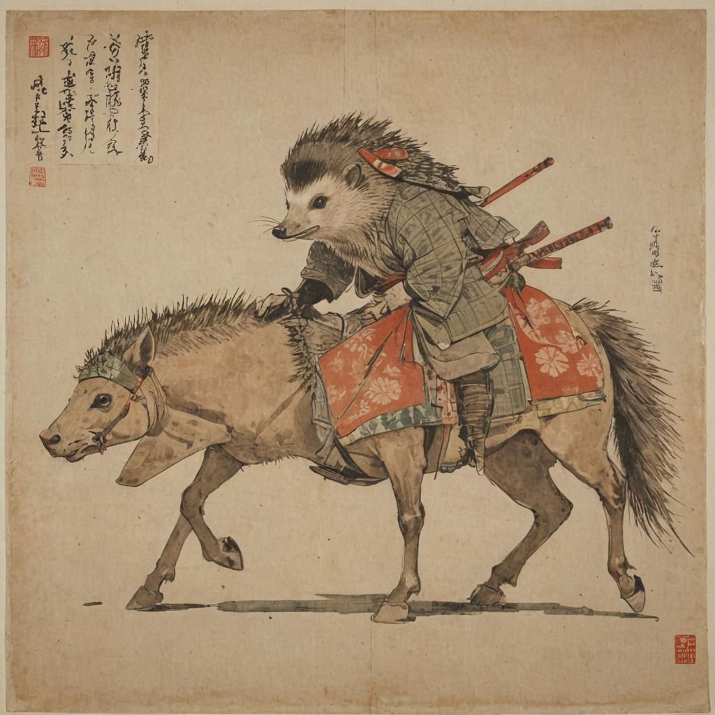 Hedgehog Samurai Horse in Ukiyo-e Style