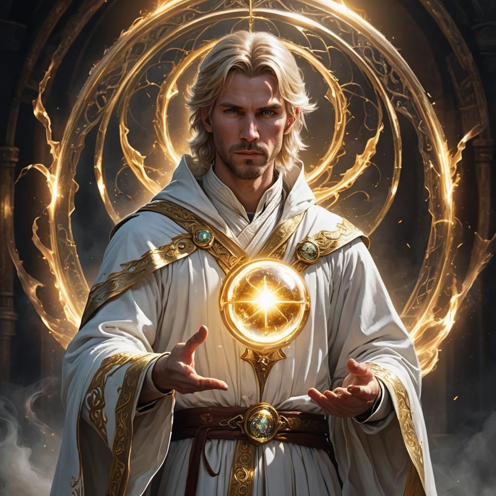 Blonde Mage with Glowing Orb, Hyperrealistic 4K