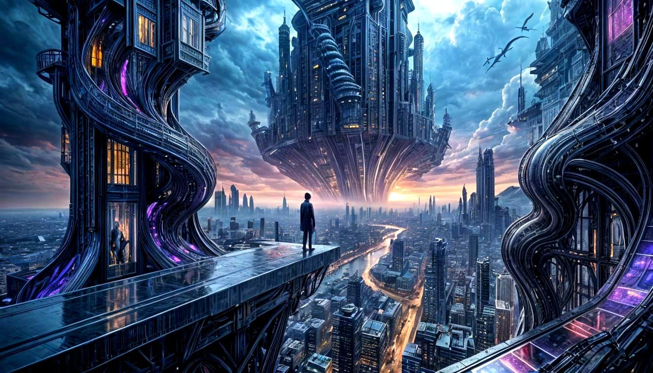 Futuristic Skyscraper with Distorted Cityscape in Hyperreali...