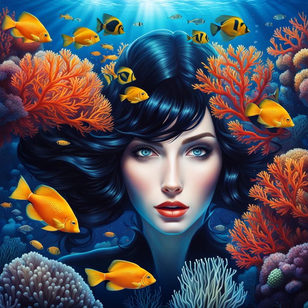 Underwater Woman with Corals and Fishes