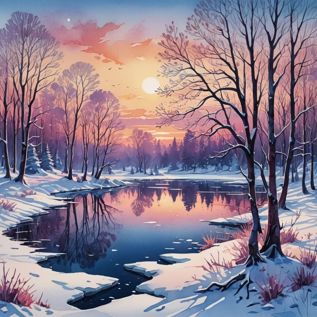 Winter Sunset Winterscape Digital Watercolor Masterpiece