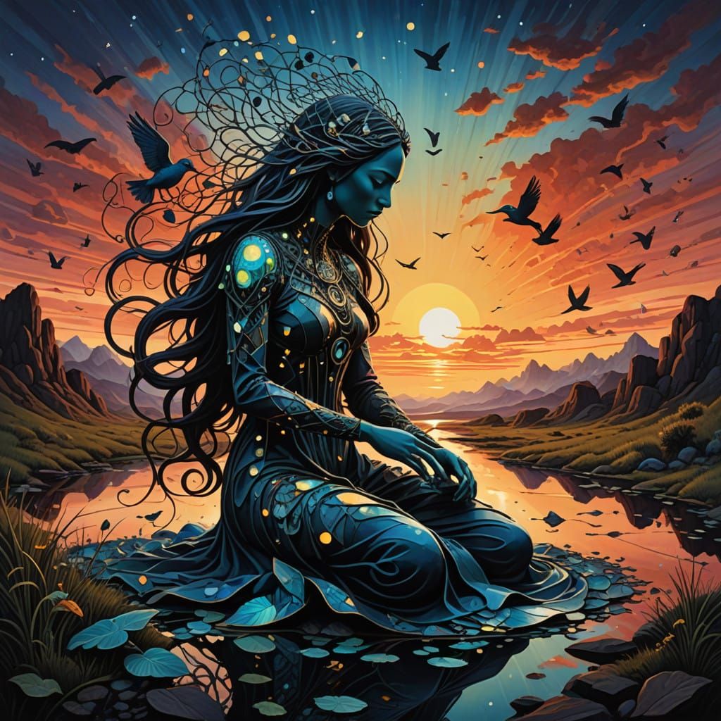 Surreal Fragmented Sculpture with Glowing Creatures and Suns...