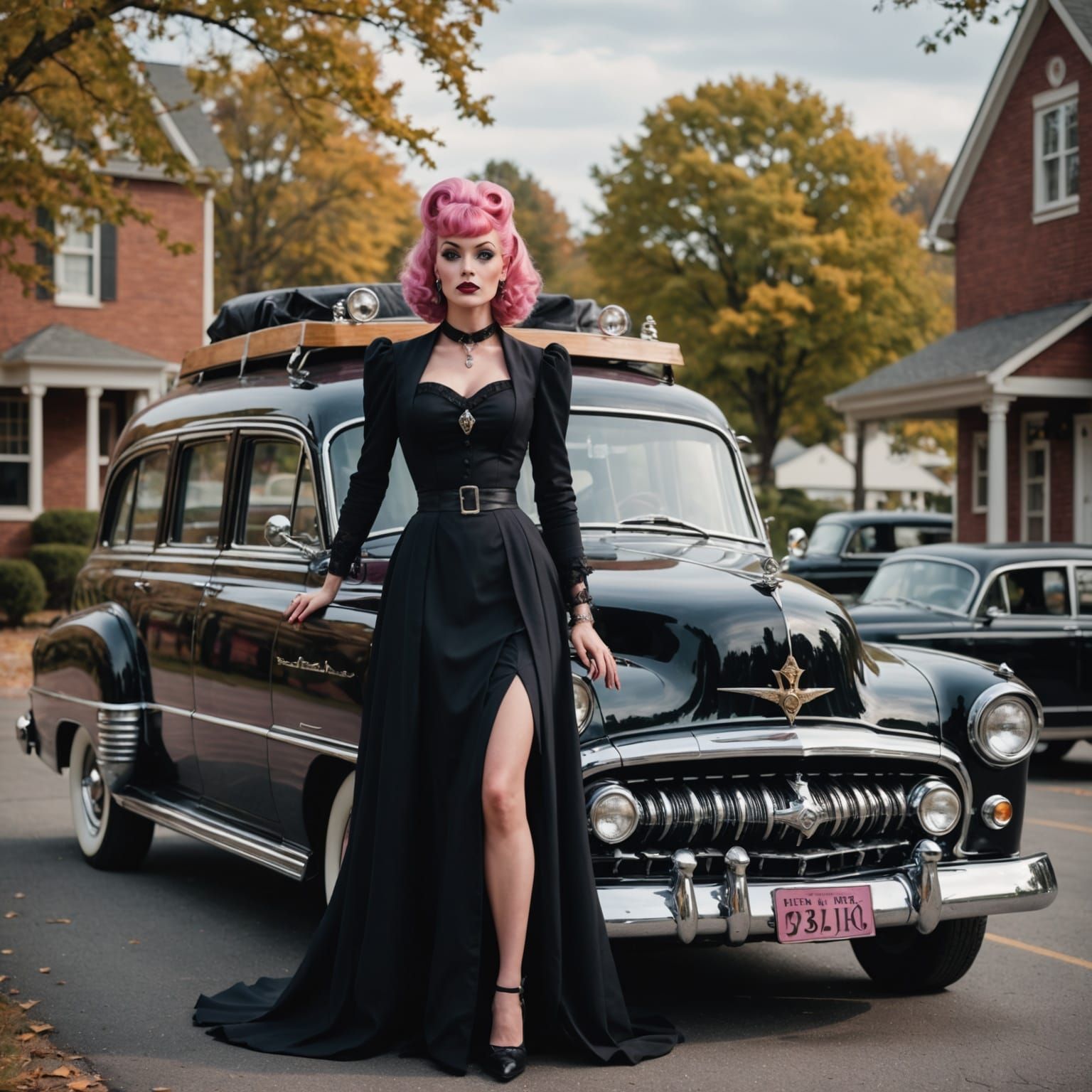 Pink-Haired Witch Poses with Hearse in 50s Ad Style