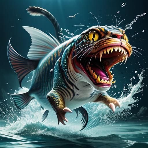 Hyperrealistic Cat Running with Fish