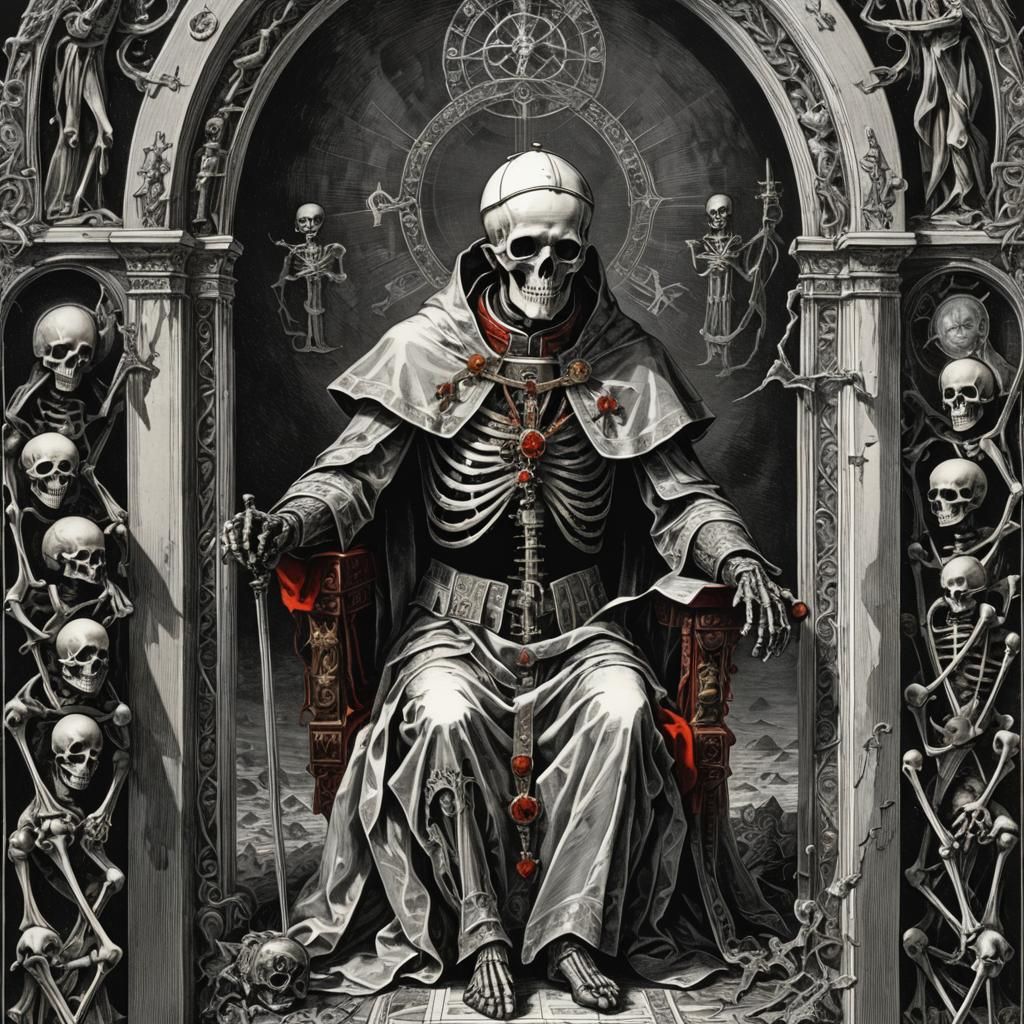 Skeleton Pope Tarot Card in Horror Style