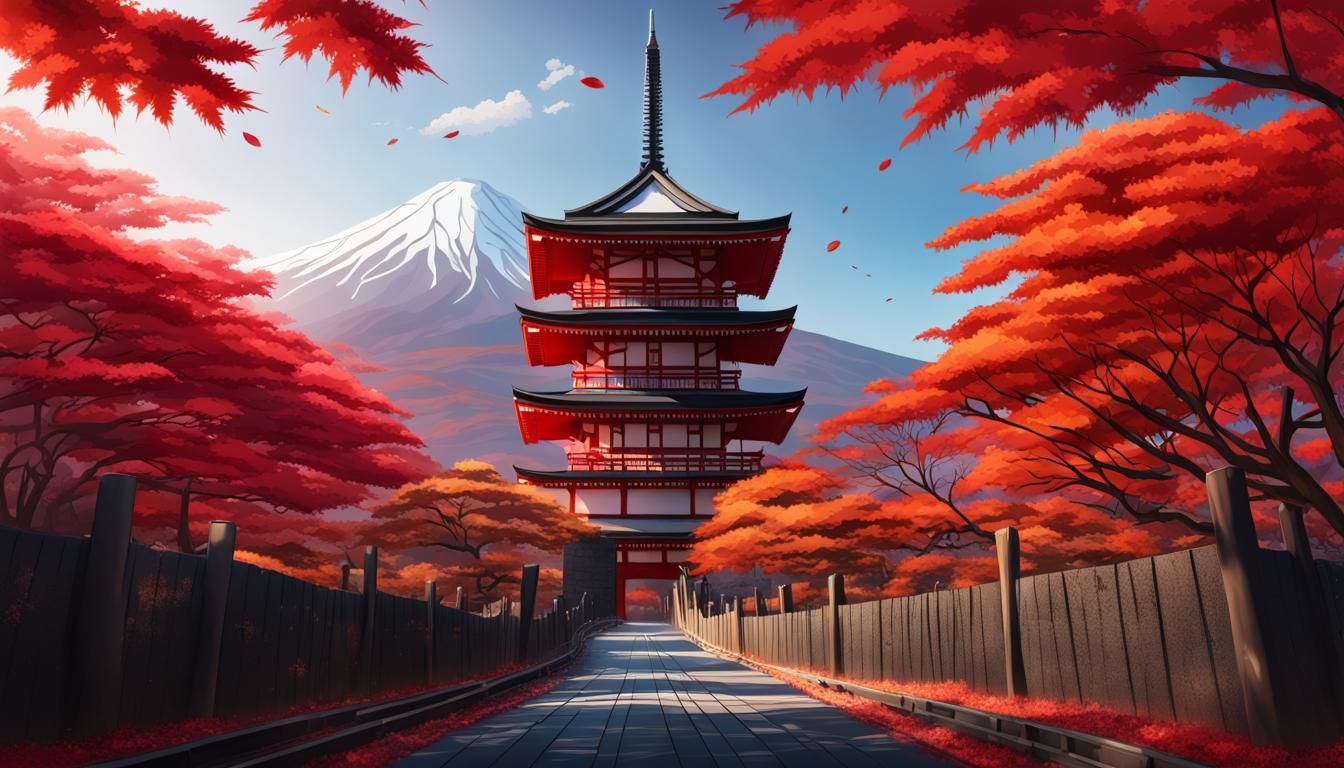 Japanese Landmarks with Autumn Foliage in Splash Art